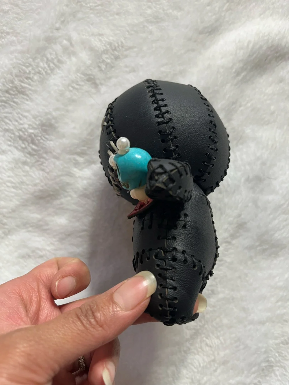 Black Stitched Voodoo Doll Keychain with Turquoise Skull Charm